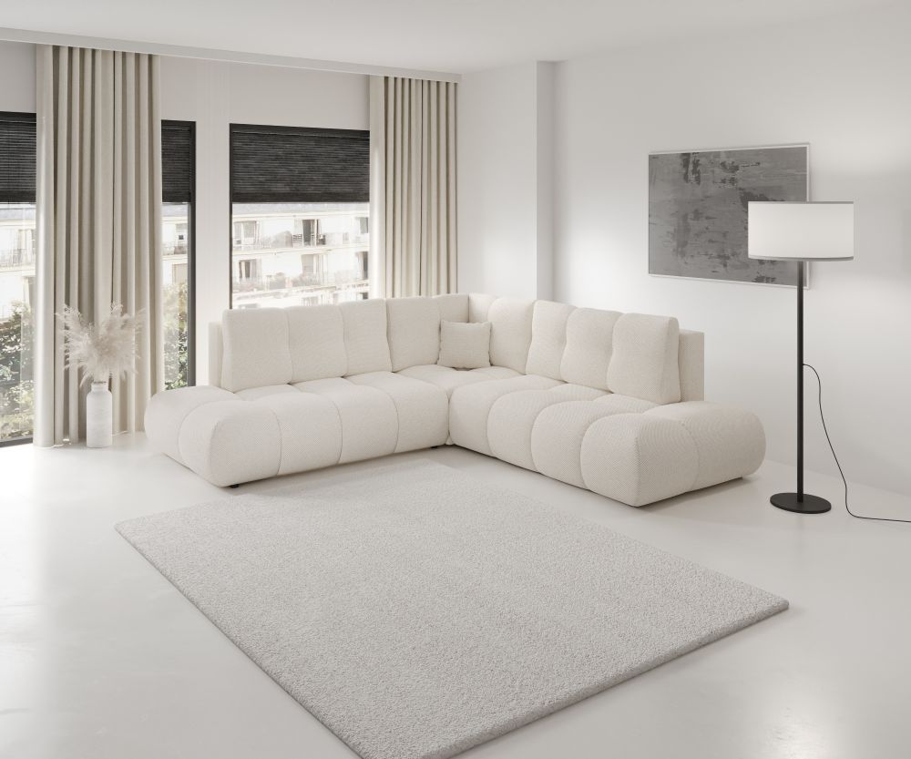 beżowy narożnik z funkcją spania gruby materiał pet friendly