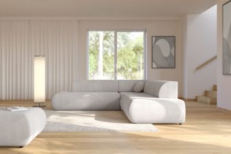 Jasna plamoodporna rozkładana kanapa narożna do salonu w stylu minimalistycznym