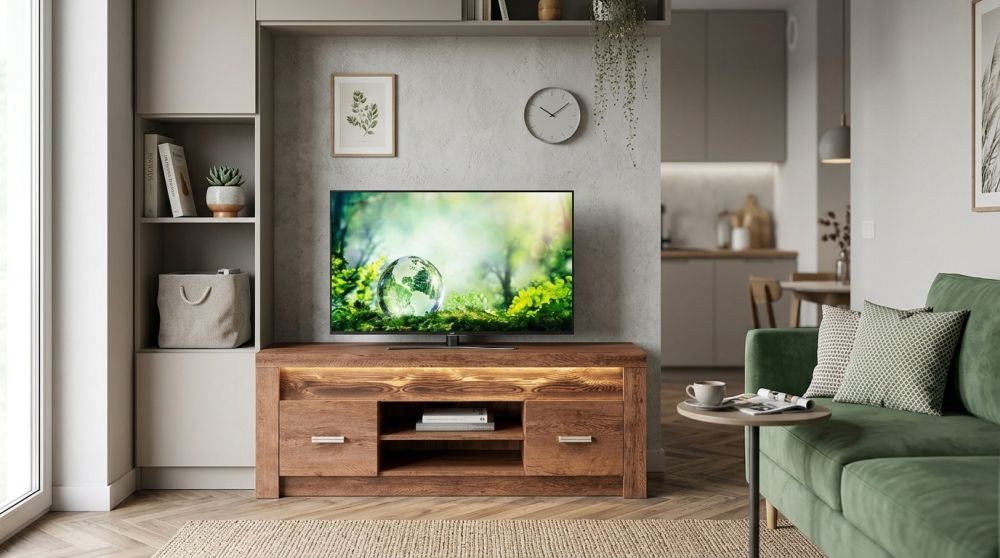 Stylowy stolik RTV jesion jasny 137cm VELMONT 1 Ponadczasowy stolik RTV jesion jasny z oświetleniem led