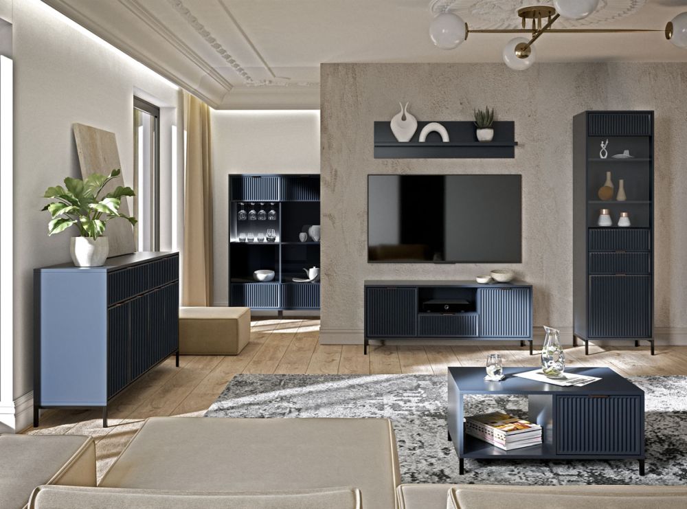 Designerskie niebieskie meble do salonu i jadalni